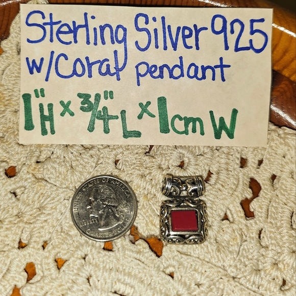 Stamped Sterling Silver 925 Red Coral Stone Open Scrollwork Cutout Slide Pendant - Picture 4 of 12